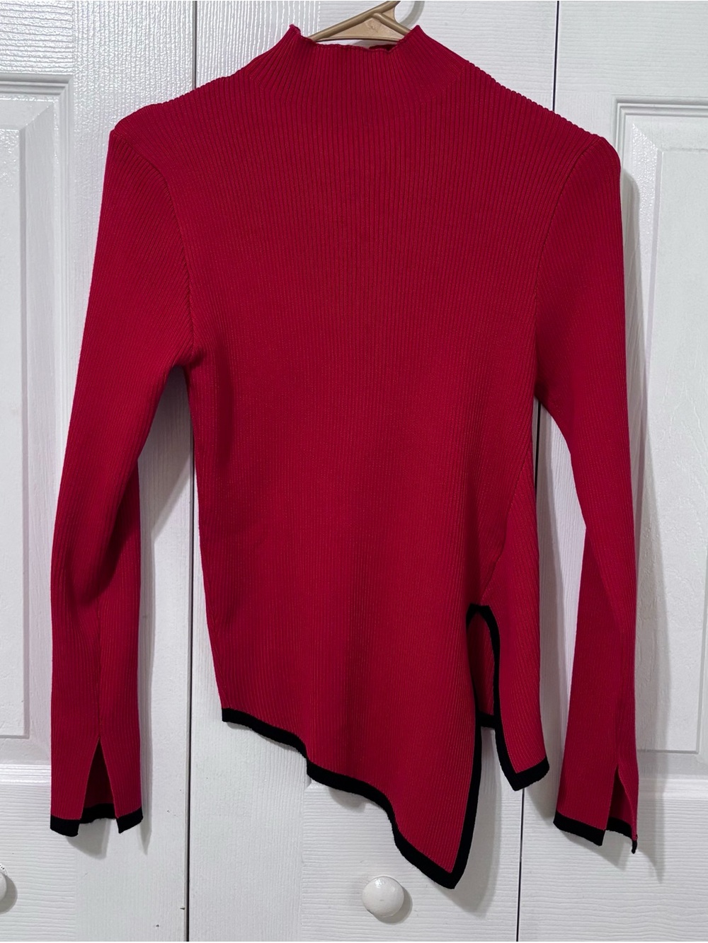 SHEIN Red Ribbed Asymmetric Mock Neck Sweater with Black Trim
